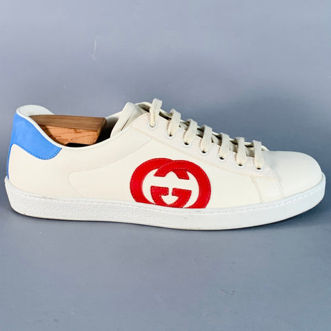 GUCCI Size 8.5 White Red Blue Logo Leather Suede Sneakers