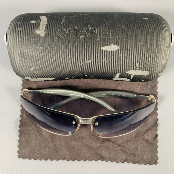 CHANEL Grey Silver Acetate Metal Wrap Around Sunglasses