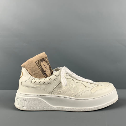 GUCCI Size 11.5 White Monogram Leather Lace Up Sneakers