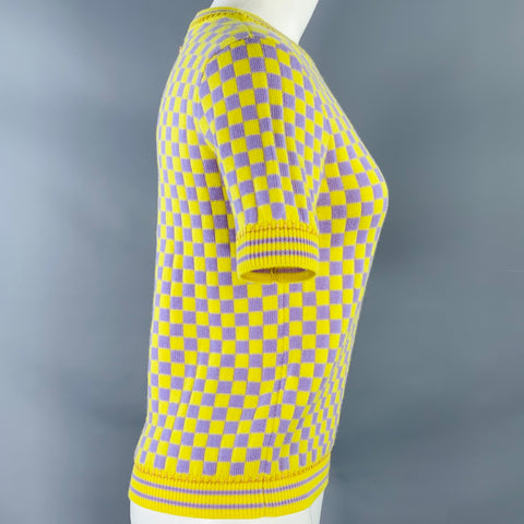 VERSACE Size S Yellow Lavender Wool Blend Checkered Crew Neck Casual Top