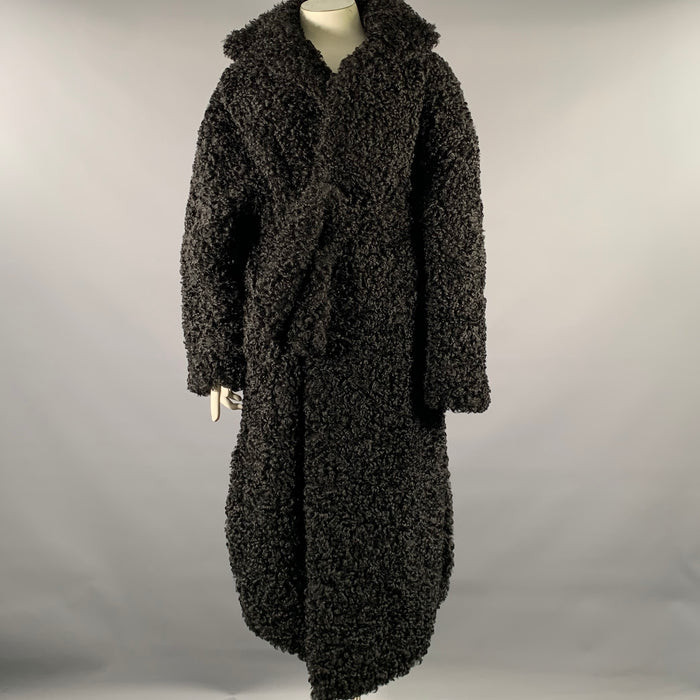 THE FRANKIE SHOP Size L Black Polyester Textured Faux Fur Belted Coat