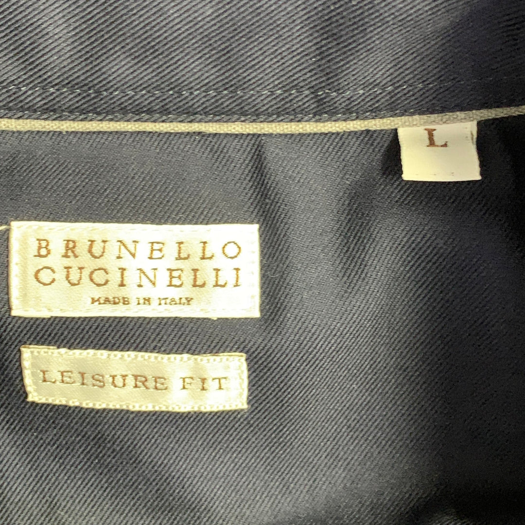 BRUNELLO CUCINELLI Size L Navy Cotton Twill Western Leisure Fit Long Sleeve Shirt
