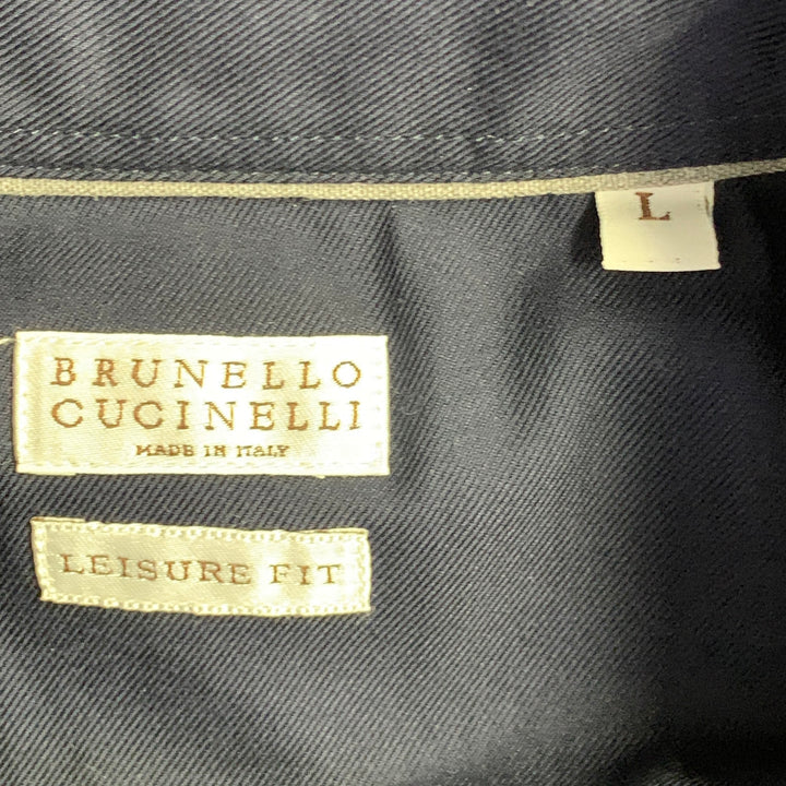 BRUNELLO CUCINELLI Size L Navy Cotton Twill Western Leisure Fit Long Sleeve Shirt