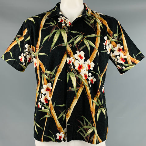 POHAKU T'S Size L Black Multi Color Hawaiian Cotton Camp Short Sleeve Shirt