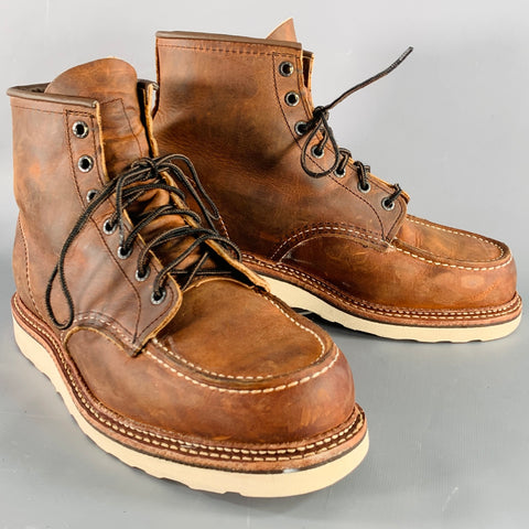 RED WING Size 9.5 Classic Moc Brown Contrast Stitch Leather Lace-Up Boots