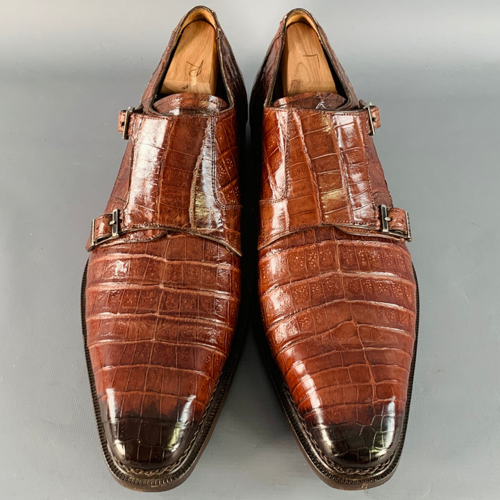 MEZLAN Size 11 Brown Crocodile Leather Double Monk Strap Loafers