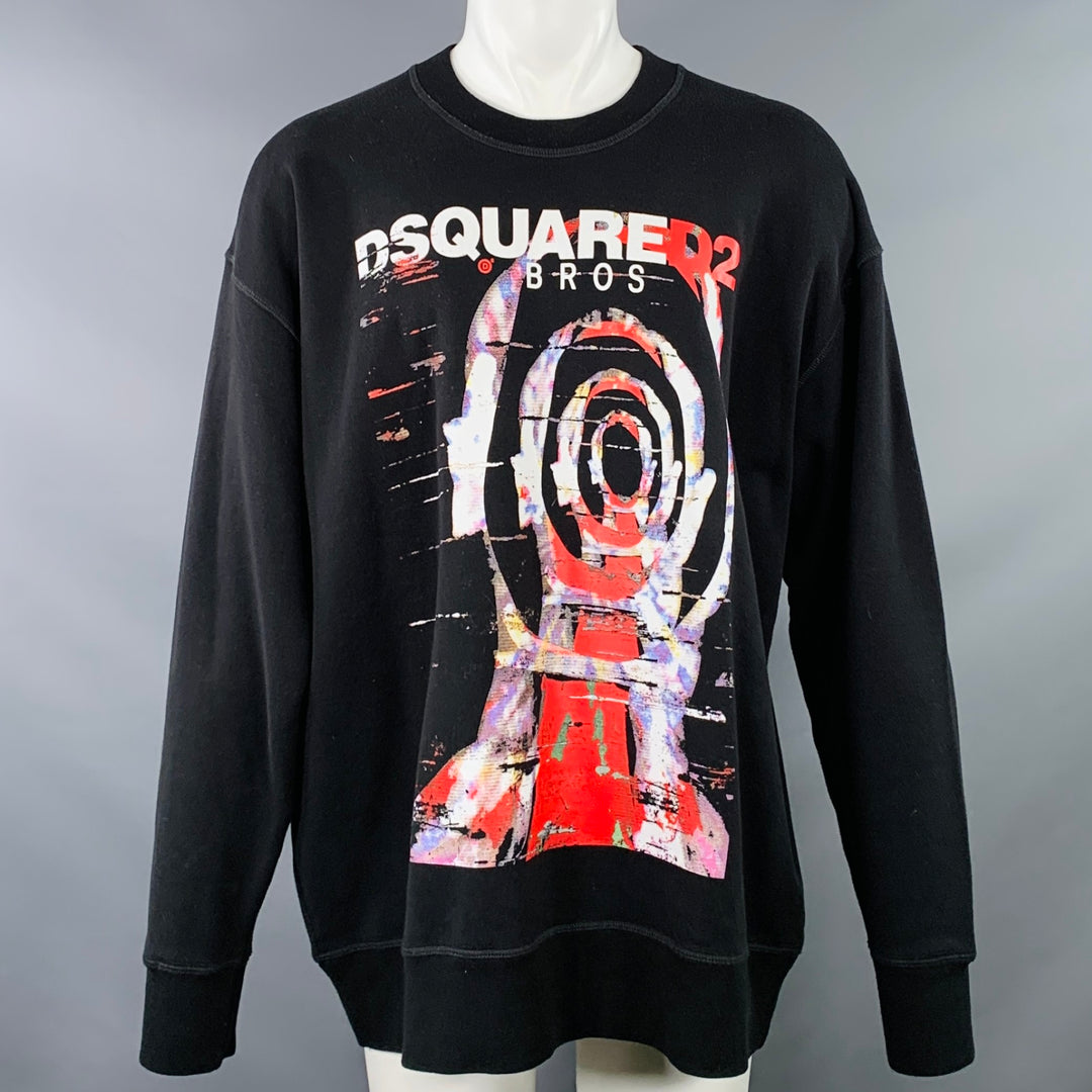 DSQUARED2 BROS Size M Black Red Print Cotton Oversized Crew Neck Sweatshirt