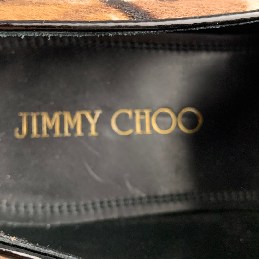 JIMMY CHOO Talla 9 Mocasines sin cordones de cuero con estampado animal en blanco y negro marrón