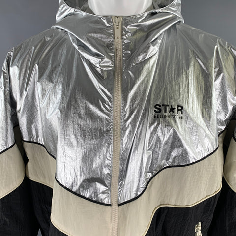 GOLDEN GOOSE Size XS Silver Black Beige Color Block Nylon Zip Up Jacket
