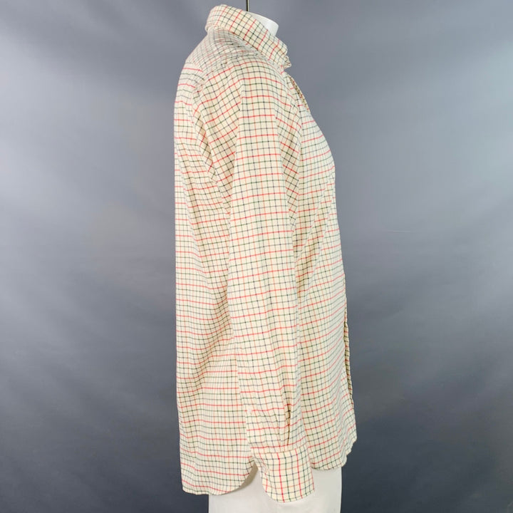DRAKES LONDON Size L Beige Red Green Checkered Cotton Long Sleeve Shirt