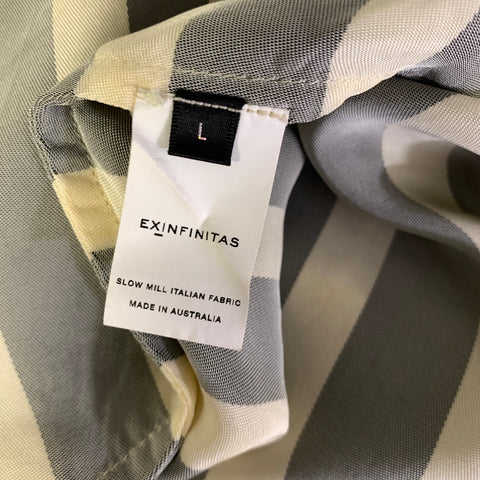 EX FINITAS Size L Cream Black Stripe Viscose Pointed Collar Short Sleeve Shirt