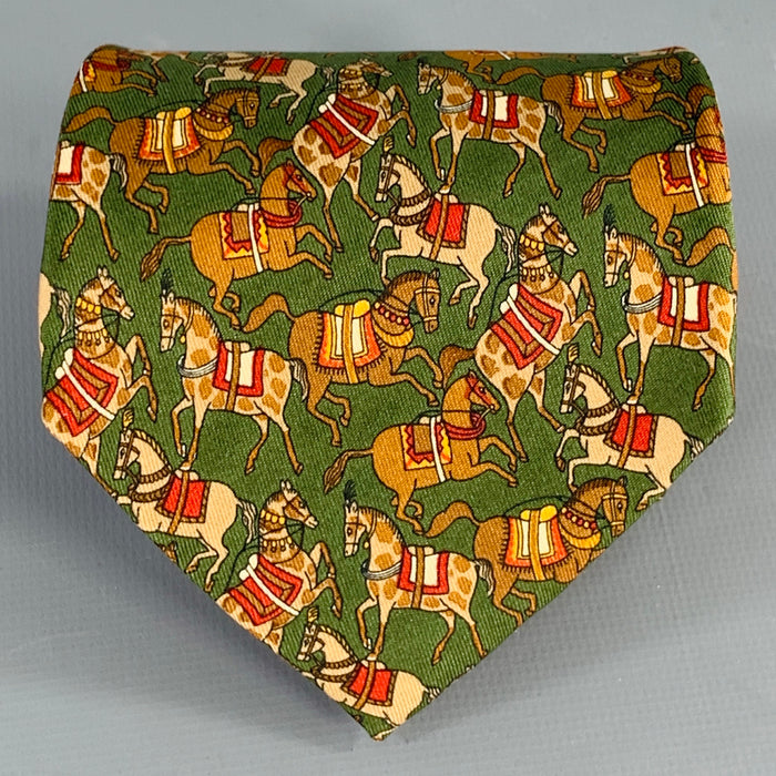 SALVATORE FERRAGAMO Green Taupe Horses Silk Tie