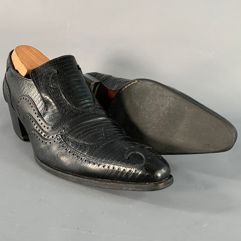 JOHN FLUEVOG Size 9 Black Lizard Embossed Leather Wingtip Chunky Heeled Loafers