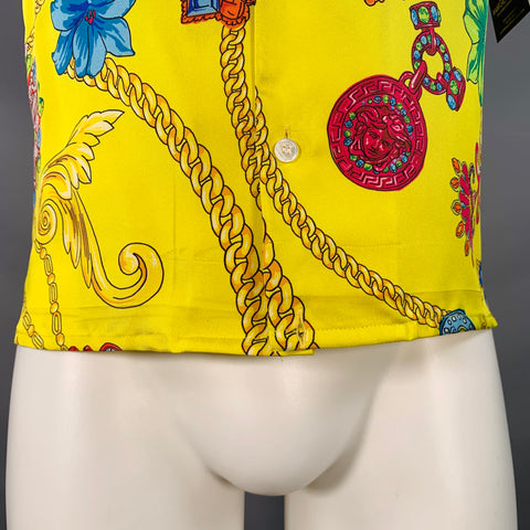 VERSACE Size M Yellow Multi Color Baroque Twill Short Sleeve Shirt