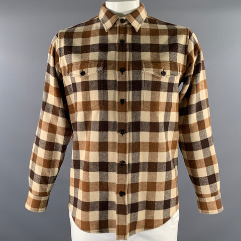 CELINE Size M Brown Camel Buffalo Plaid Wool Blend Shirt Jacket