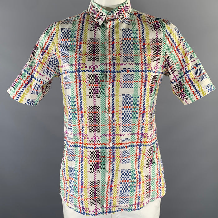JIL SANDER Size L White Multi-Color Cotton Short Sleeve Shirt