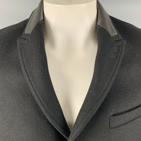 THE KOOPLES Size 44 Black Wool Blend Leather Trim Peak Lapel Coat