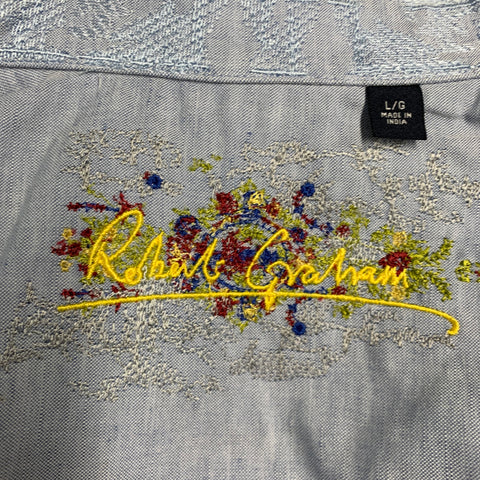 ROBERT GRAHAM Size L Light Blue Embroidery Cotton Button Up Short Sleeve Shirt
