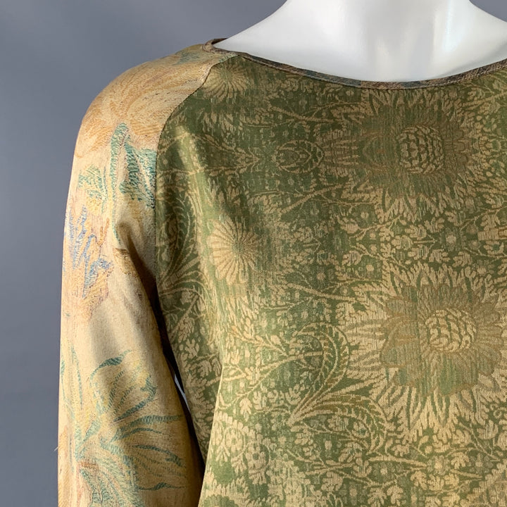 PIERRE-LOUIS MASCIA Size XS Green Brown Silk Floral Long Sleeve Dress Top