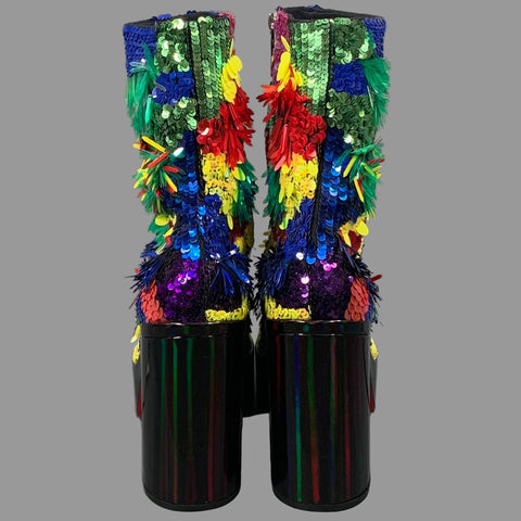 CHRISTIAN LOUBOUTIN Size 11 Multi-Color Sequined Leather Platform Boots