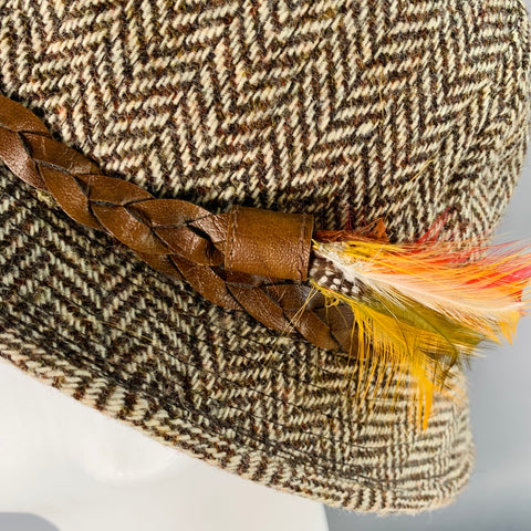KNOX HATS Vintage Brown Beige Herringbone Braided Leather Trim Fabric Hat