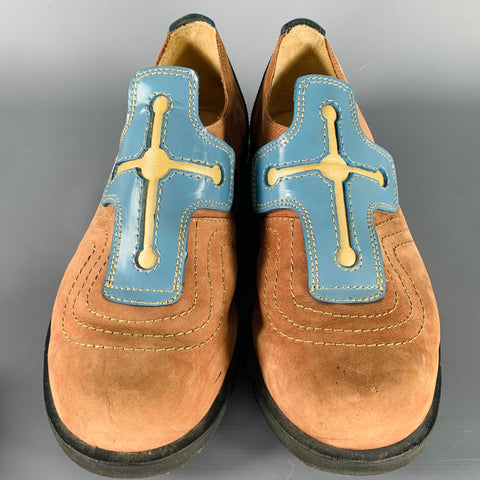JOHN FLUEVOG Size 10 Tan Blue Cross Suede Slip On Loafers