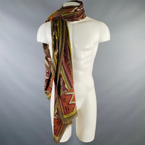 ETRO Green Brick Red Mixed Pattern Wool Blend Scarf
