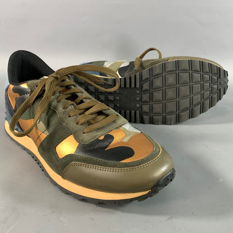 VALENTINO Size 9 Orange Silver Camo Mixed Fabrics Runner Sneakers