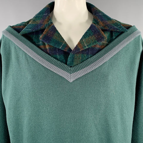 NECESSITY SENSE Size L Green Grey Plaid Acrylic Blend Double Layer Sweater