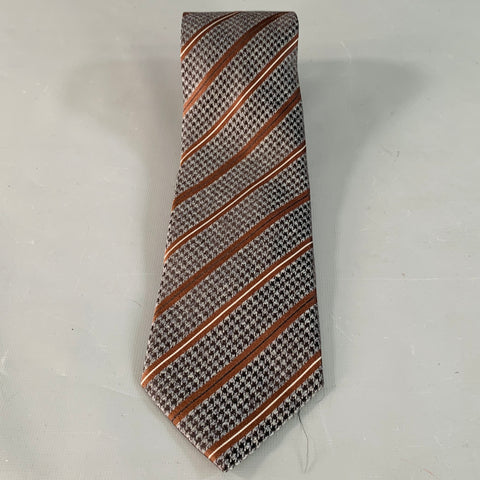 BRIONI One Size Brown Grey Houndstooth Diagonal Stripe Silk Tie
