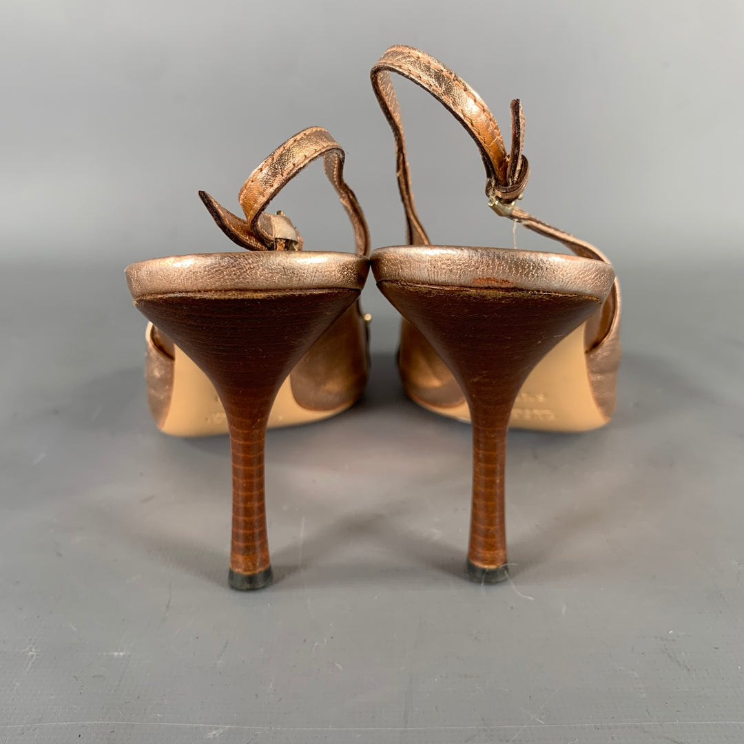 GUCCI Size 6.5 Gold Rose Metallic Ankle Strap Pumps