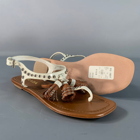 PRADA Size 6.5 Brown White Leather Studded Thong Sandals