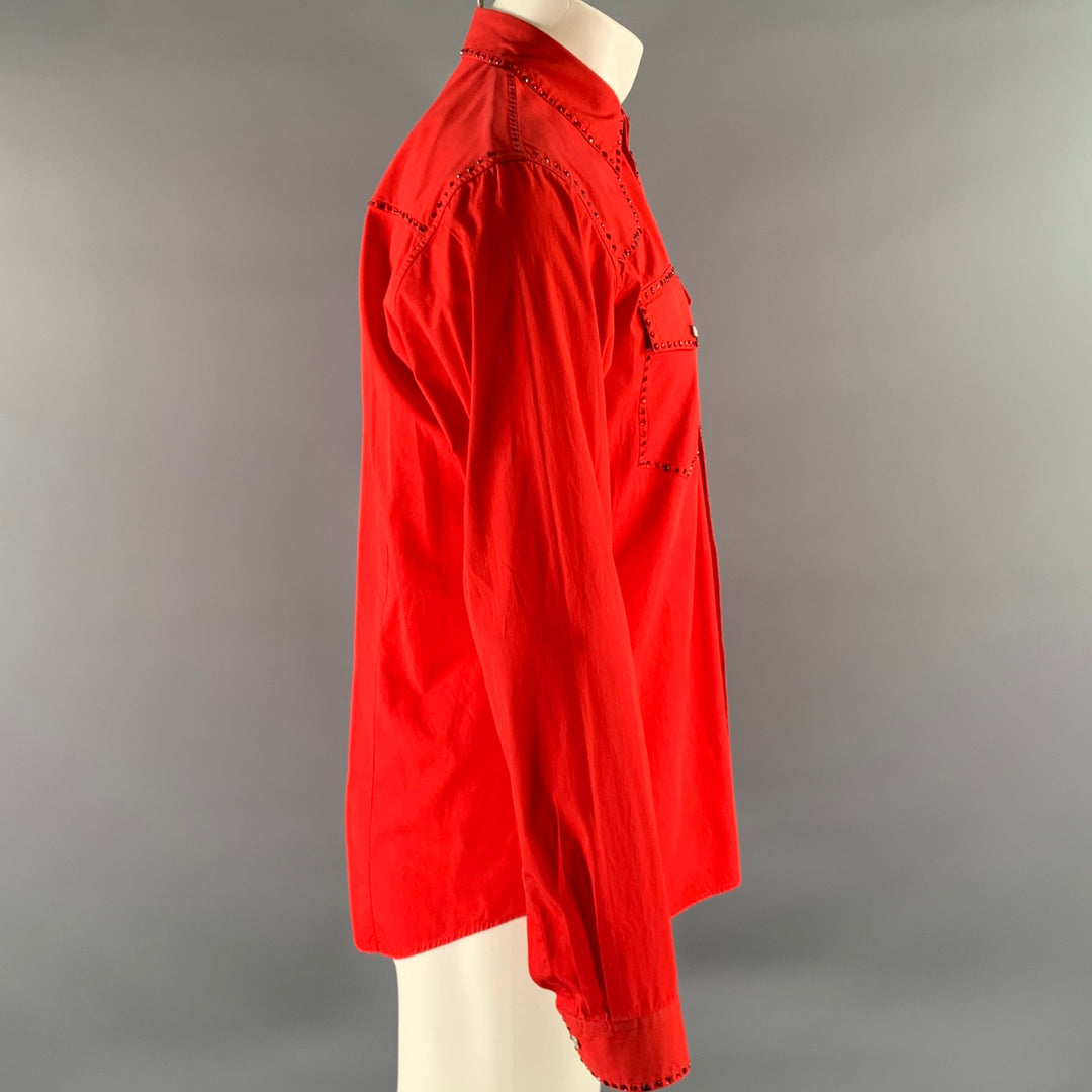 DRIES VAN NOTEN Size M Red Rhinestone Cotton Long Sleeve Shirt