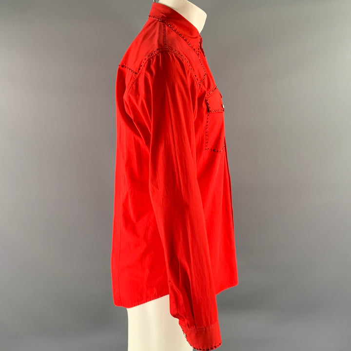 DRIES VAN NOTEN Size M Red Rhinestone Cotton Long Sleeve Shirt