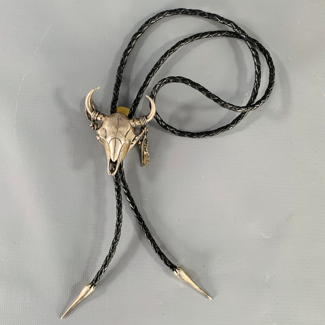 THE HELLDORADO Silver Black Braided Leather Metal Bolo Tie