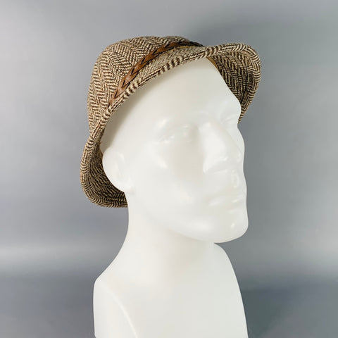 KNOX HATS Vintage Brown Beige Herringbone Braided Leather Trim Fabric Hat