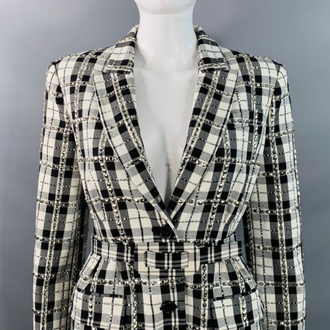MICHAEL KORS COLLECTION Size 2 Black White Cotton Wool Plaid Studded Belted Coat