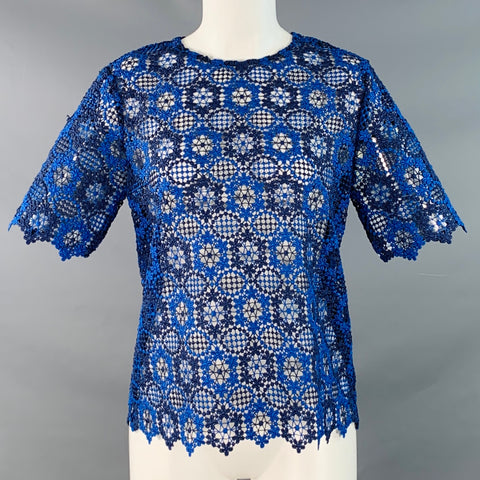 SANDRO Size 2 Navy Blue Polyester Lace Short Sleeve Boxy Dress Top