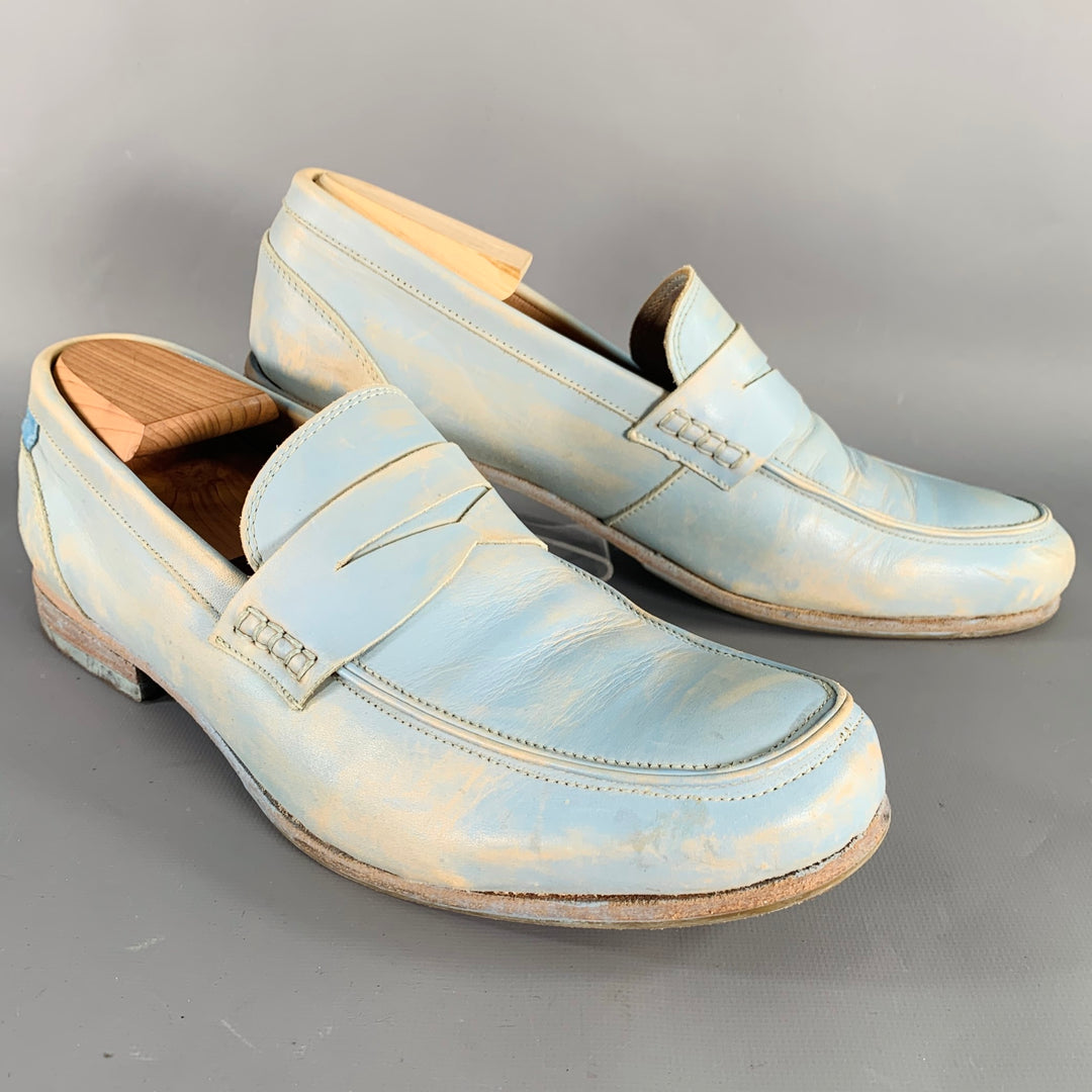 JOHN FLUEVOG Size 10 Light Blue Distressed Leather Penny Loafers