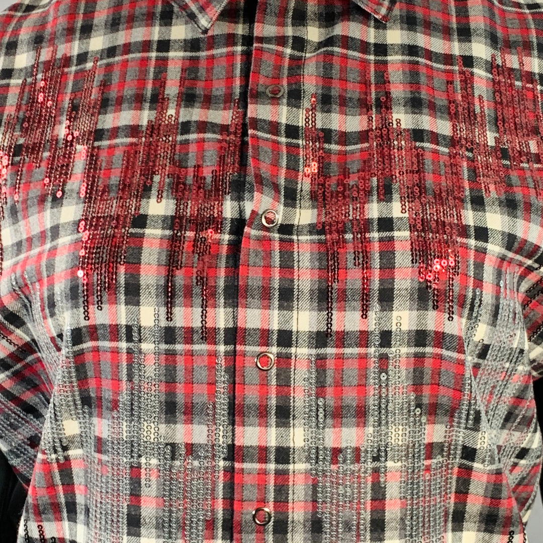 GIAMBATTISTA VALLI Size XL Black Red White Wool Blend Plaid Snaps Shirt