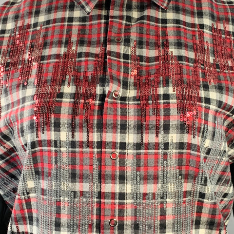 GIAMBATTISTA VALLI Size XL Black Red White Wool Blend Plaid Snaps Shirt