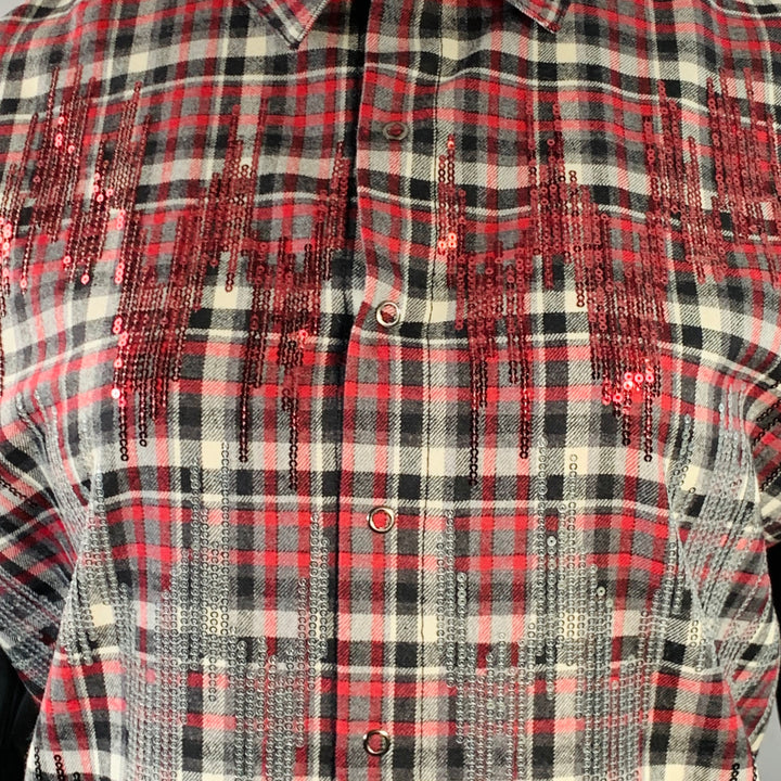 GIAMBATTISTA VALLI Size XL Black Red White Wool Blend Plaid Snaps Shirt