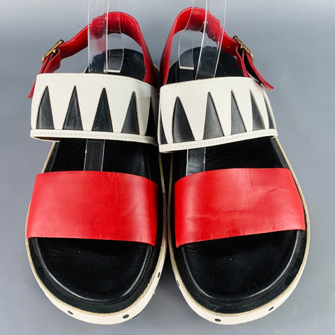 MARNI Size 10 Red Black White Color Block Leather Buckle Sandals
