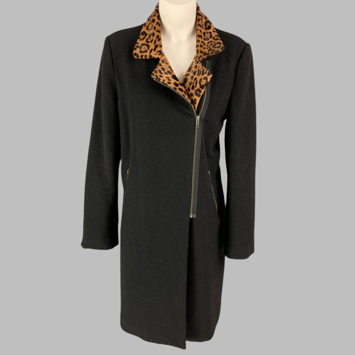 MASON Size 8 Black Tan Wool Blend Leopard Zip Up Coat