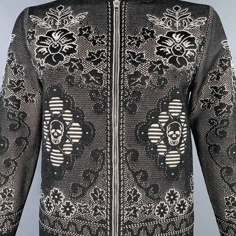 ALEXANDER MCQUEEN Size L Black White Floral Wool Blend Bomber Jacket