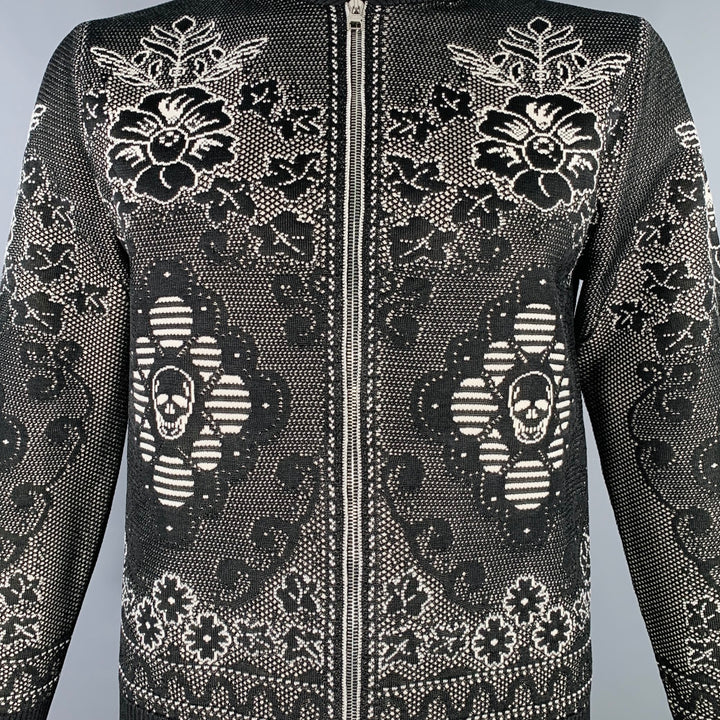 ALEXANDER MCQUEEN Size L Black White Floral Wool Blend Bomber Jacket