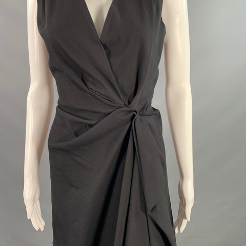 LANVIN 2015 Size 8 Black Linen Blend Ruched Sleeveless V-Neck Dress