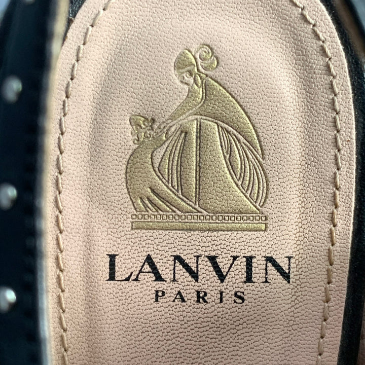 LANVIN Size 8.5 Navy Black Leather Studded Ankle Strap Sandals