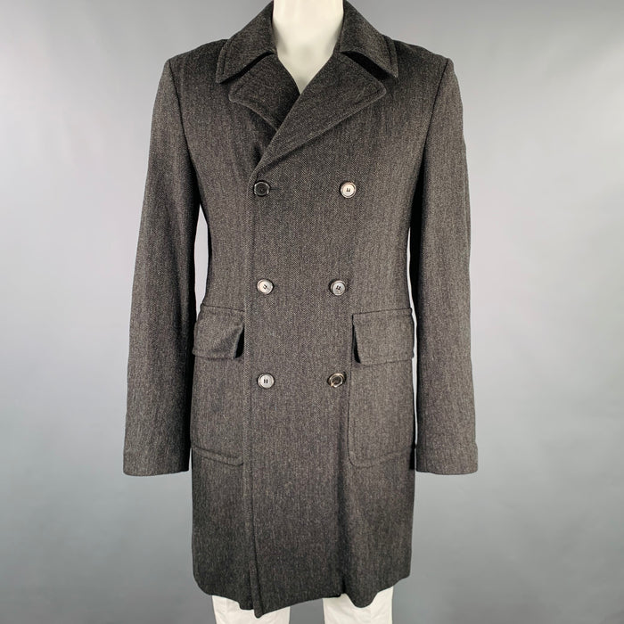 MARNI Size 42 Black Grey Herringbone Wool Double Breasted Coat