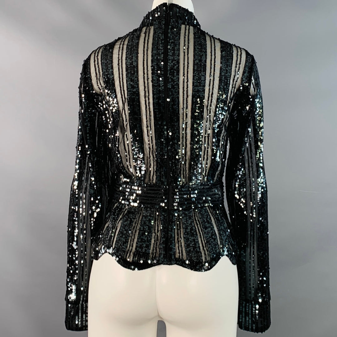 DEREK LAM Size 6 Black Polyester Sequined Stripe Mock Neck Dress Top